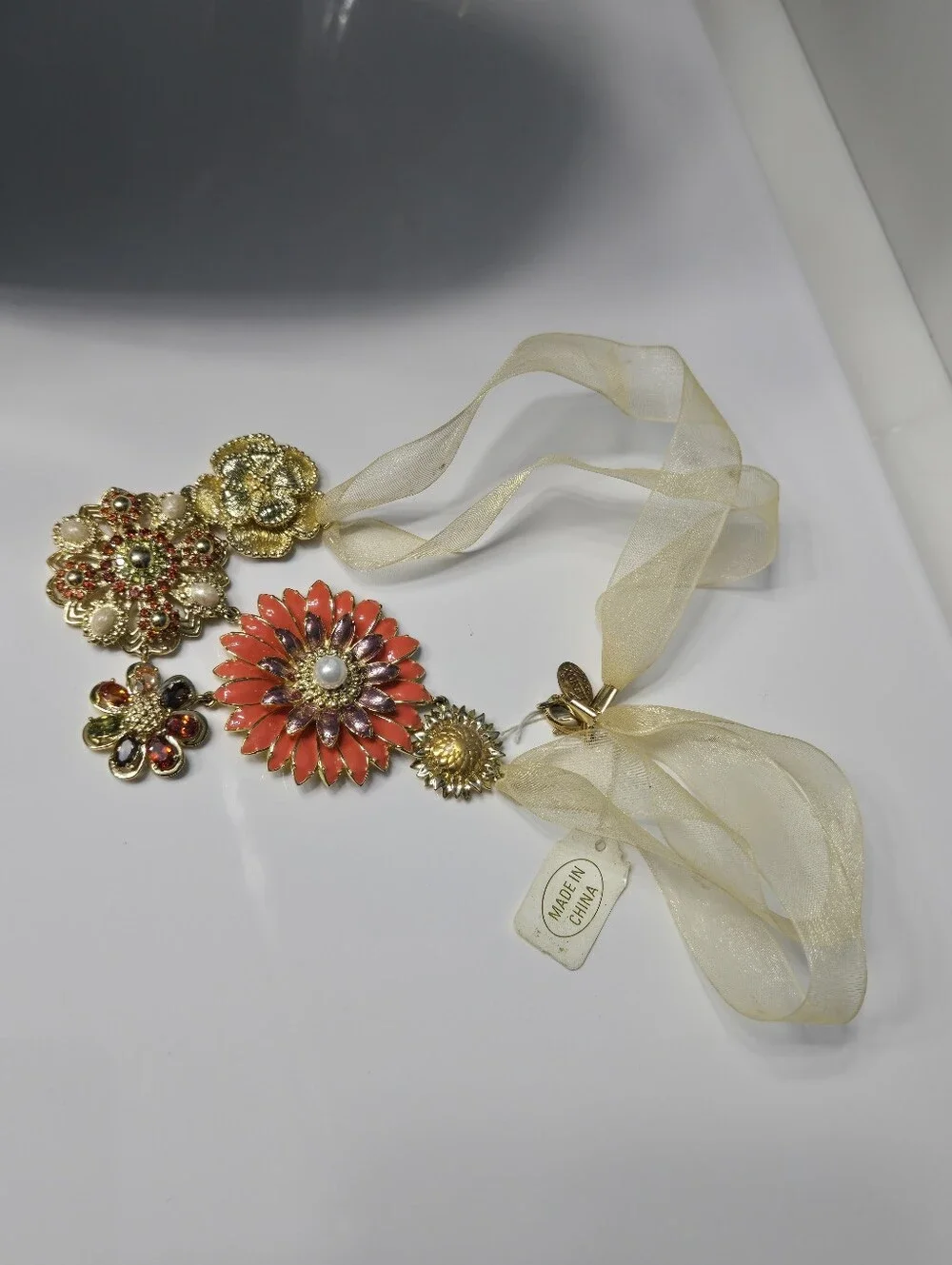 Lenox Vintage Enamel Crystal flower and ribbon necklace